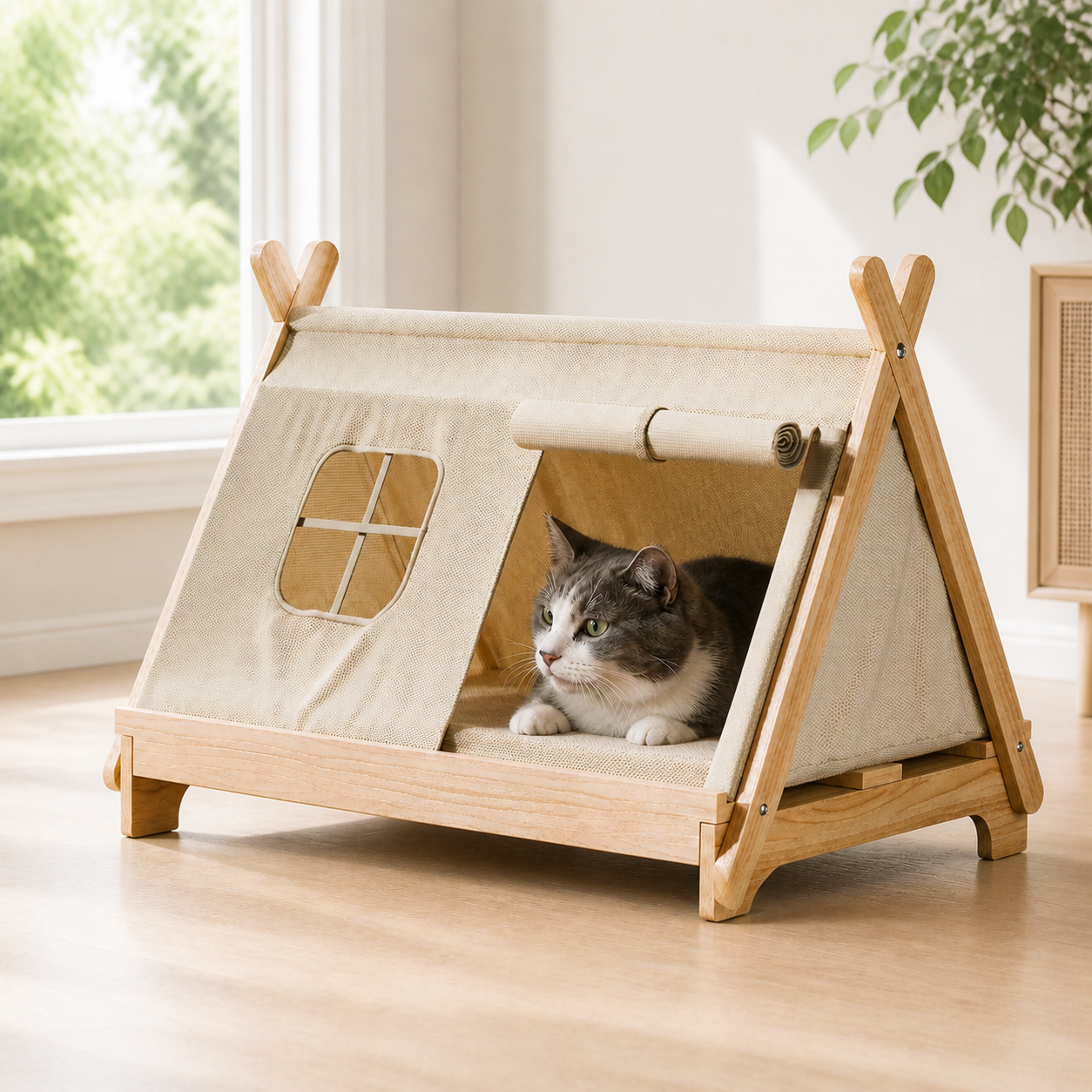 Wooden Window Cat Tent Bed