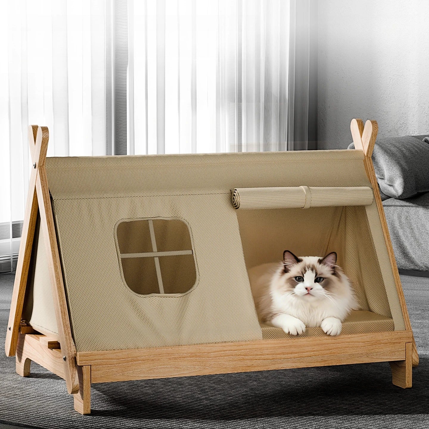 Wooden Window Cat Tent Bed