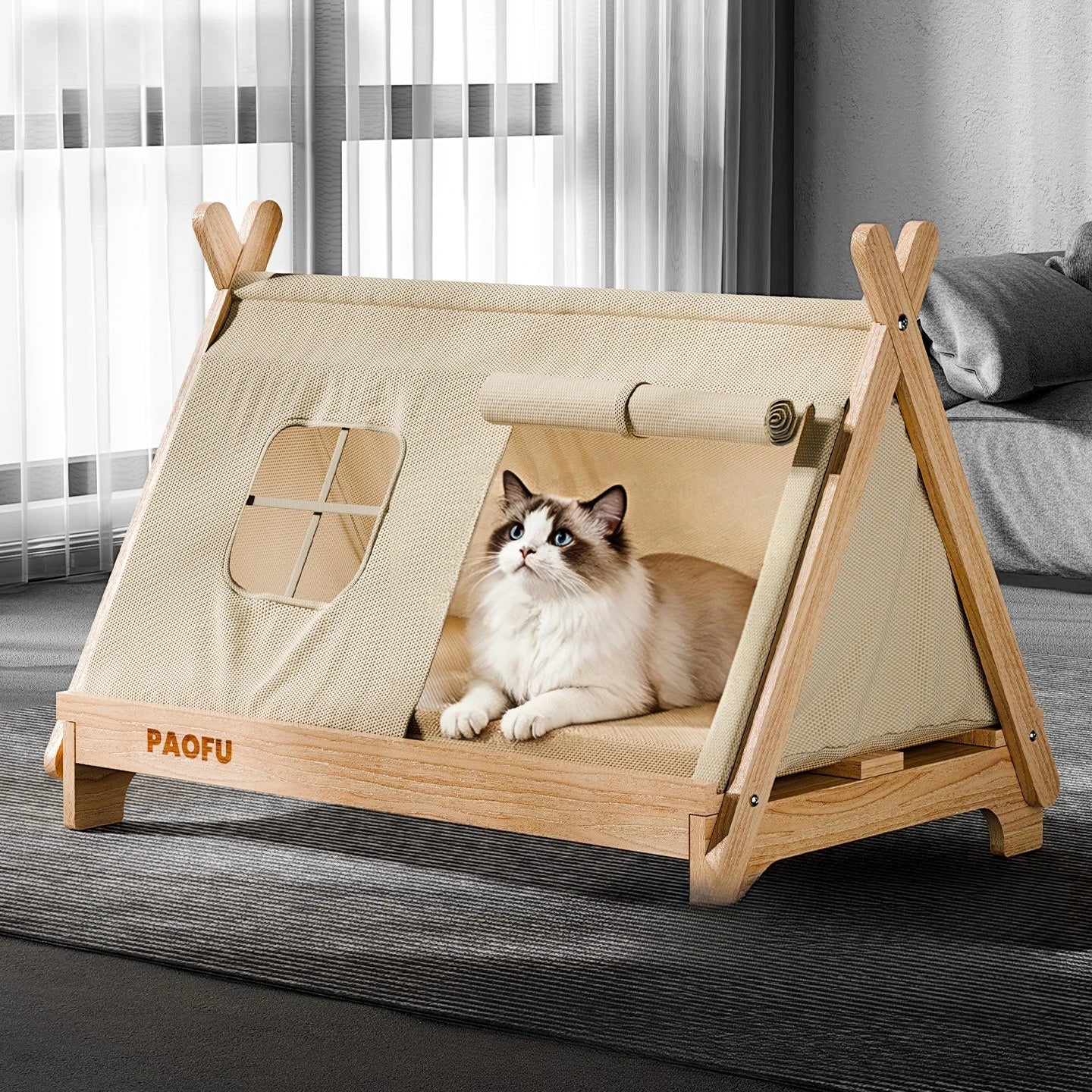 Wooden Window Cat Tent Bed